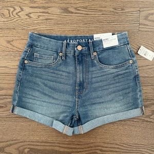 AERO High Rise Denim Shorts - Rolled Hem - Stretch - Curvy - Medium Blue Wash